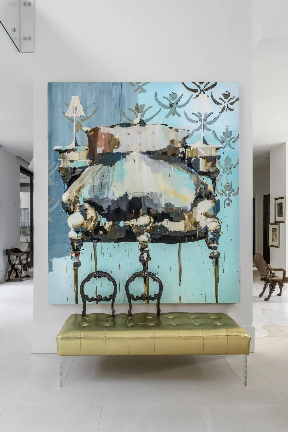 Luxury residential interior design entry with large-scale artwork, gallery-style presentation, and curated transitional furnishings