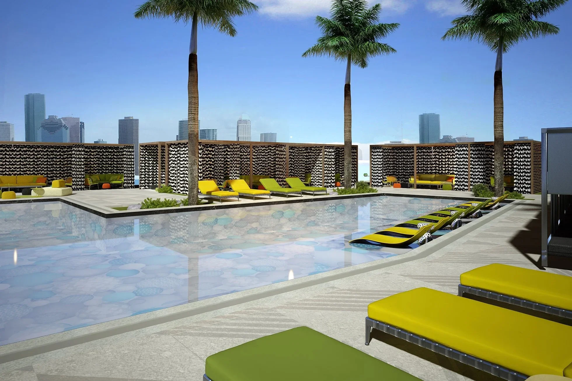 Rooftop pool area with yellow lounge chairs, palm trees, woven cabanas, and a city skyline in the background under a clear blue sky.