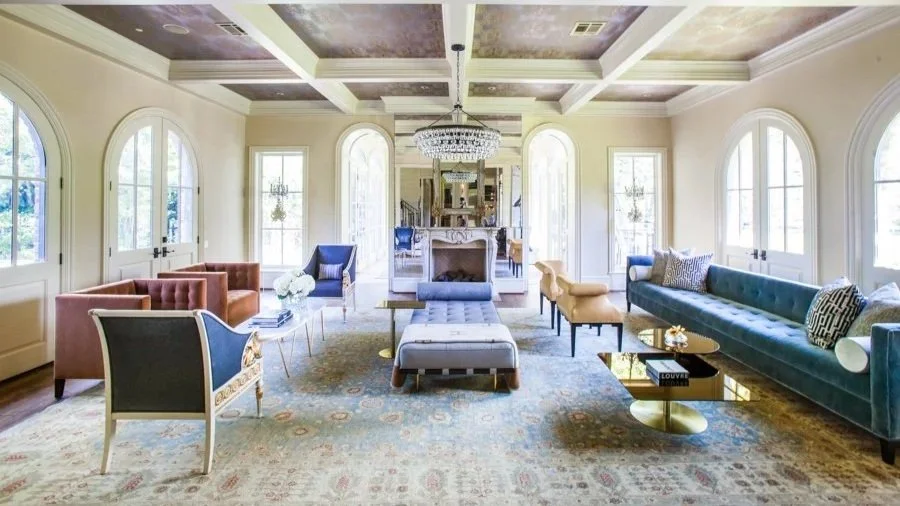 Elegant residential interior design in Houston showcasing symmetrical layout, refined millwork, and layered textures at Bluebonnet.