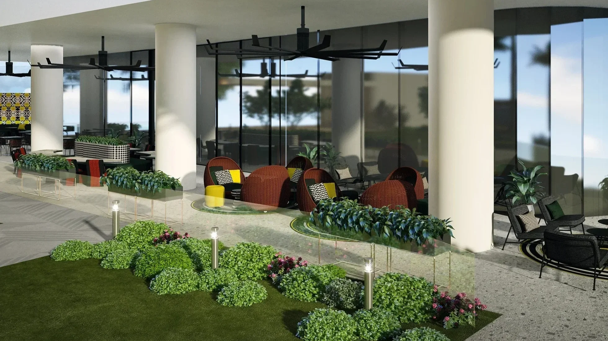 Luxury hotel interior design in Houston at Thompson Hotel featuring covered terrace lounge with architectural columns and outdoor seating.